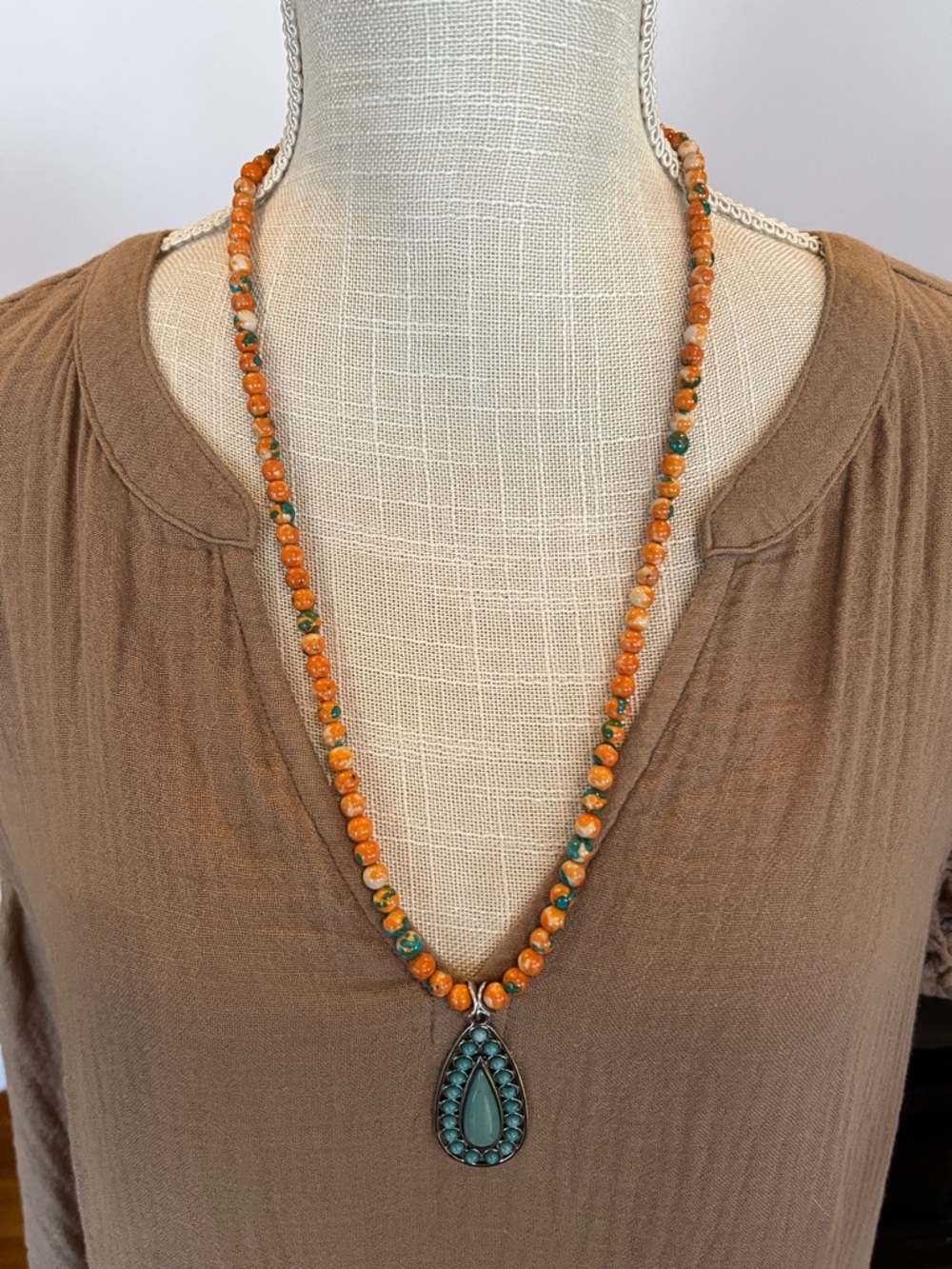 Orange and Turquoise Beaded Teardrop Pendant Necklace - Women Jewelry